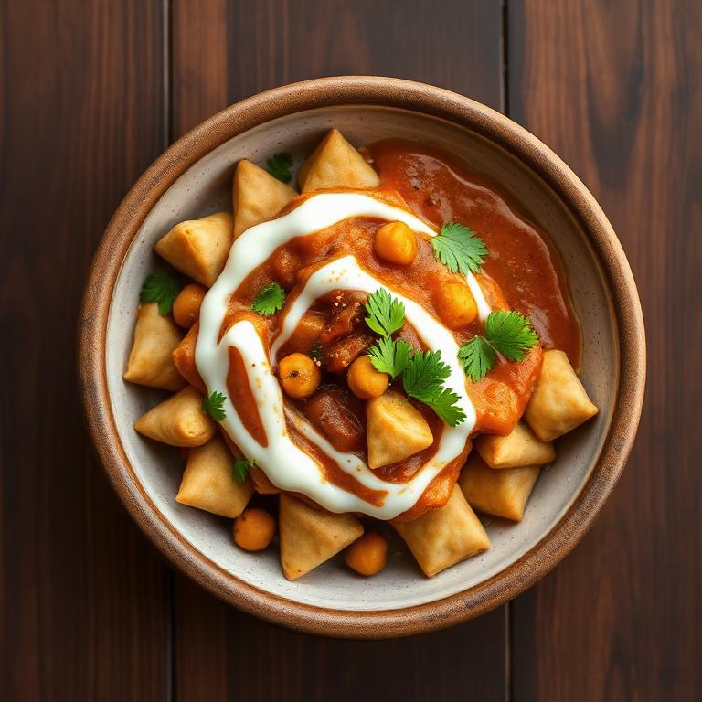 Samosa chaat topped with curd and chutneys